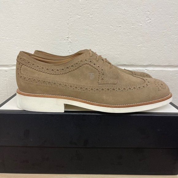 Tod's Men's Beige Suede Wingtip Oxford Dress Shoes Men's Size 9.5 Made In Italy - Picture 2 of 9